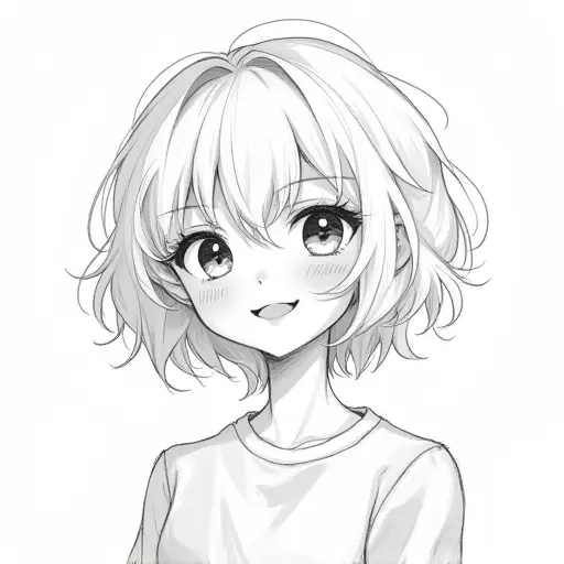 A girl with short curly hair and a playful expression, sketched with clean pencil lines and soft shading.