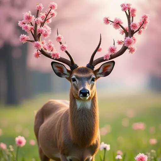 A deer adorned with blooming cherry blossoms on its antlers, standing gracefully in a tranquil spring meadow.