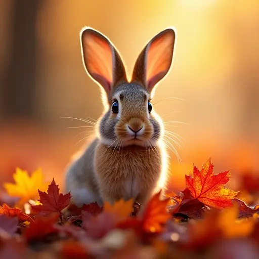 A rabbit sitting on a large, colorful pile of autumn leaves, its fur blending with the red, orange, and yellow hues, with a soft magical glow surrounding it.