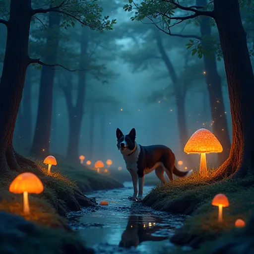 A dog standing in a quiet forest beside a gently glowing stream, surrounded by luminous mushrooms and twinkling fireflies in the dark.