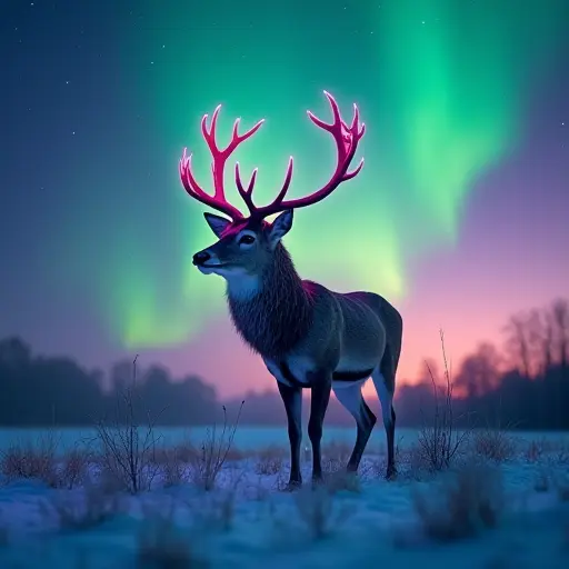 A deer with antlers glowing in hues of green and purple, standing in the middle of a snowy meadow under a vivid aurora borealis.