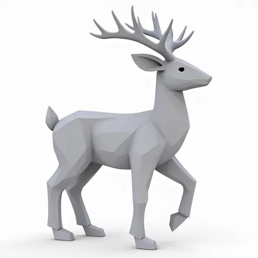 A 3D-rendered deer with sharp angular shapes, giving it a modern and stylized appearance with an elegant silhouette.