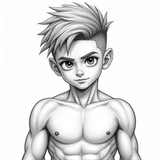 A boy with short hair and a muscular build, drawn with strong pencil strokes and soft shading to accentuate his features.