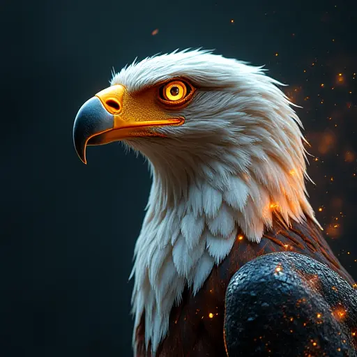 An eagle avatar with metallic, digital wings and a sharp, glowing beak, designed to represent the fusion of technology and nature.