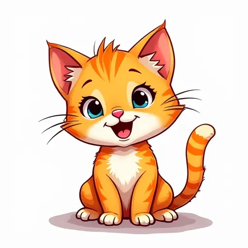 A mischievous kitten with a cheeky grin, sketched with playful, curved lines in bright, cheerful colors.