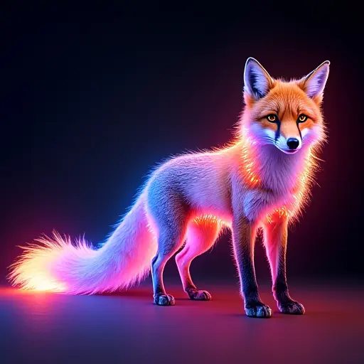 A fox whose body is made from pulsing laser light, constantly shifting and changing in color. Its tail glows with neon trails, and its eyes are piercing beams of light that radiate a sharp, focused intensity.