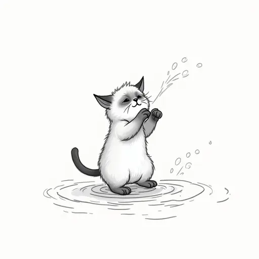 clean pencial outline sketch of A siamese cat playfully splashing water with its paws, showing a mischievous expression.