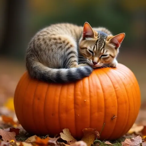 A cat curled up on top of a large pumpkin, its tail wrapped around its body, with the pumpkin's orange hue contrasting with the warm tones of the autumn leaves scattered around it.