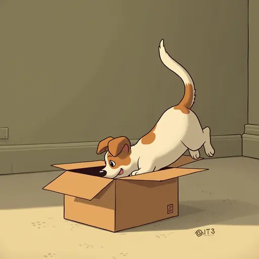 studio ghibli style of The dog dives headfirst into the box, its tail swishing gently as it explores the surroundings.