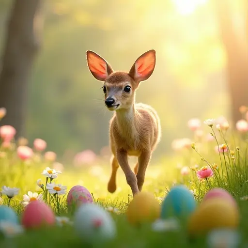 A young deer prancing through a meadow, surrounded by colorful Easter eggs and blooming spring flowers, celebrating the rebirth of nature during the Easter season.