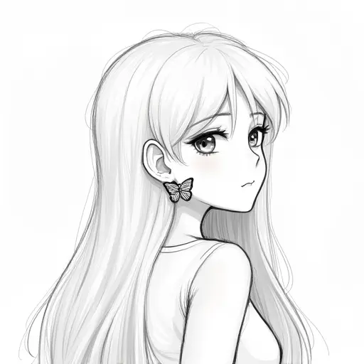 A girl with butterfly-shaped earrings, long hair, sketched with fine pencil strokes and soft shading.