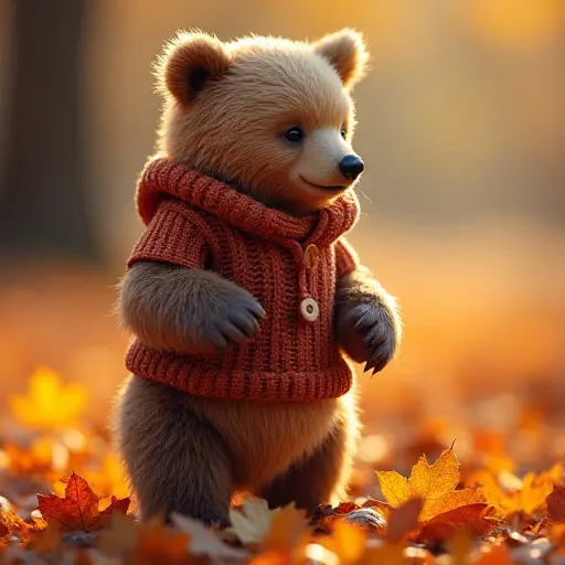 A bear wearing a knitted sweater, standing on its hind legs among a pile of colorful autumn leaves, its fur glowing under the soft sunlight as it sniffs the air, ready for winter.