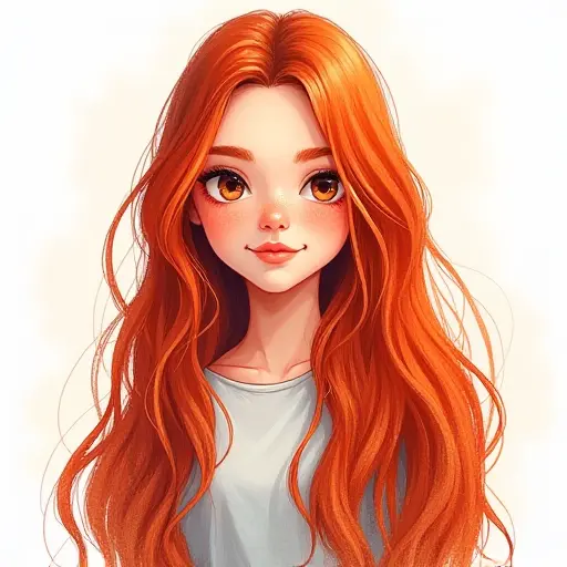 A girl with long red hair, drawn with vibrant pencil strokes and soft watercolor accents.