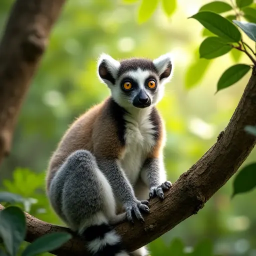 A lemur sitting on a tree branch in a lush tropical forest, its large, curious eyes reflecting the bright sunlight that filters through the dense canopy.