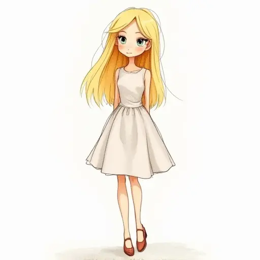 A blonde girl wearing a simple dress, sketched in soft pencil lines with light watercolor accents.