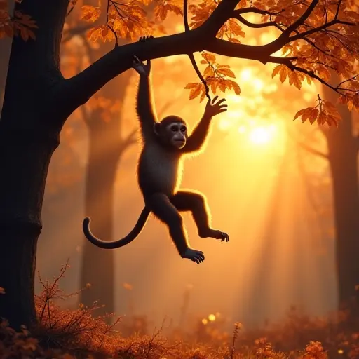 A monkey hanging playfully from a tree branch in an autumn forest, the sun setting behind the trees, casting a golden glow on the leaves below, creating a magical and tranquil atmosphere.