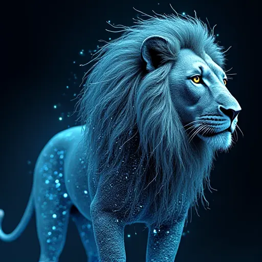 A lion with a body formed from complex artificial intelligence algorithms. Its mane is a swirling display of holographic data, constantly adapting and changing, and its eyes display an intelligent, calculating gaze.