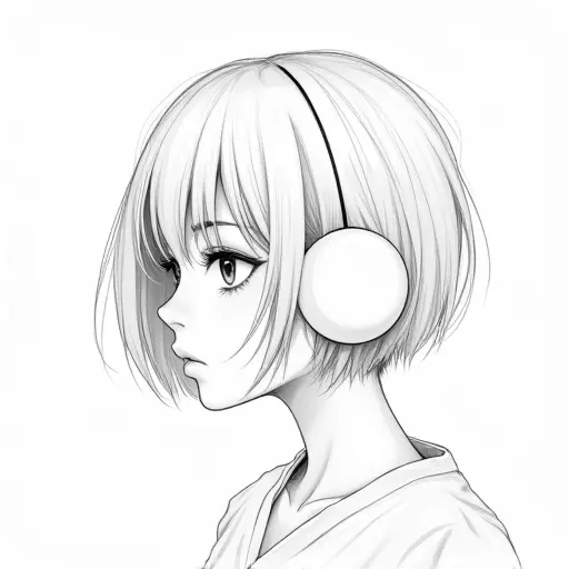 A girl with big white earrings and short hair, drawn in clean lines with soft pencil shading.