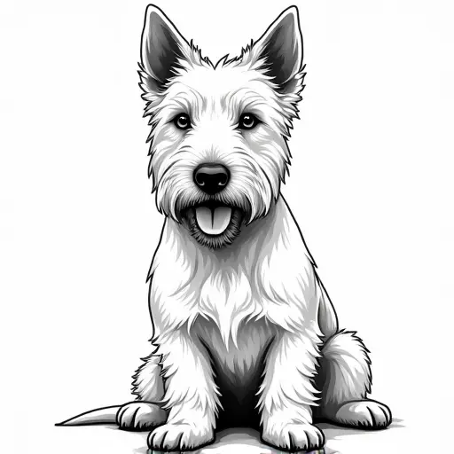 clean black and white hand-drawn outlines of a west highland white terrier from the front view