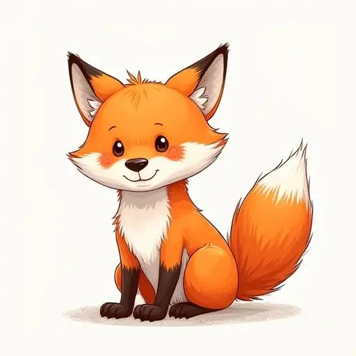 A fox with a bushy tail wagging, drawn with sketchy lines and subtle shades of orange.