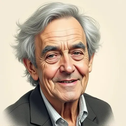 An elderly man with gray hair and a gentle smile, drawn in a vintage film style with soft pencil strokes.