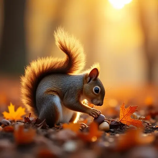 A squirrel picking up acorns from the forest floor, surrounded by autumn leaves and the soft whisper of the wind through the trees, while the sun’s rays create a warm golden hue.