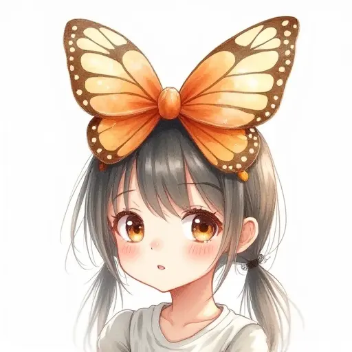 A girl with a large butterfly bow in her hair, drawn in soft lines with gentle watercolor accents.