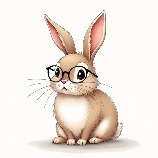 A bunny with round glasses, sketched with soft lines and light shades of pastel.