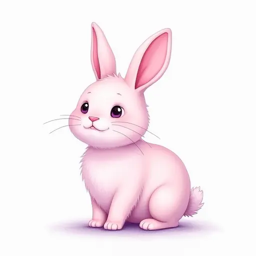 A soft pink bunny with long ears, sketched in delicate lines and soft shades of pink and lavender.