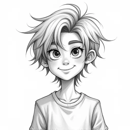 A boy with long, tousled hair, sketched in a relaxed pencil style with light shading and a carefree smile.