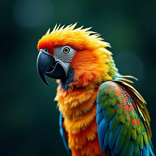 A parrot with feathers made of digital microchips and data circuits, representing the integration of nature and technology.