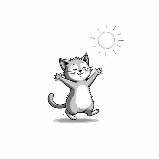 A cat jumping in the sunlight, its wet fur looking particularly joyful. style: clean black and white cartoon sketch.