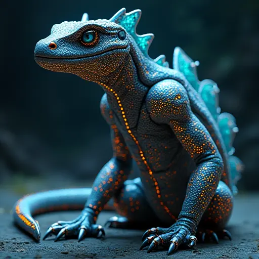 A reptile with glowing digital scales and cybernetic limbs, designed with a sleek, modern tech aesthetic.