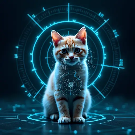 A cat surrounded by a radar-like scanning interface, with digital waves and signals emitting from its body.