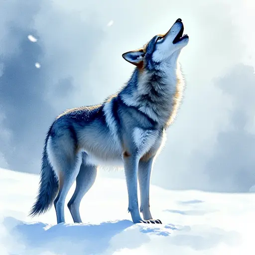 A wolf howling in the snow, drawn with bold, sharp lines and soft watercolor blues and whites.