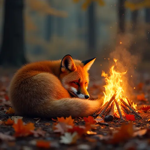 A fox curling up next to a campfire in the middle of an autumn forest, with golden and red leaves scattered around the fire, casting flickering shadows on the ground and the fox’s fur, creating a warm, cozy scene.