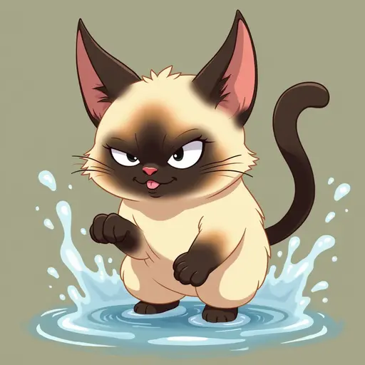 studio ghibli style of A siamese cat playfully splashing water with its paws, showing a mischievous expression.