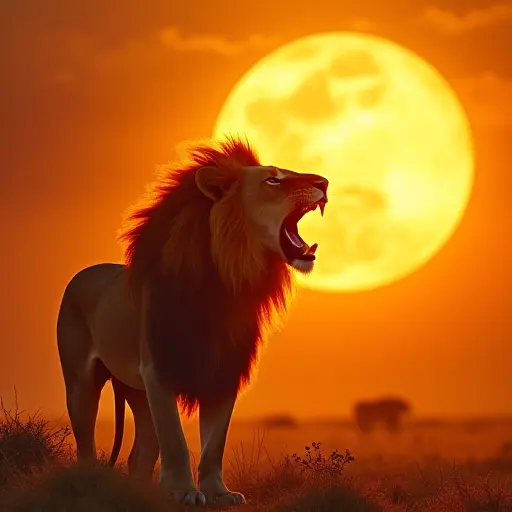 A lion roaring under a blazing sun, its mane radiating like fiery flames in the heat of a desert plain.