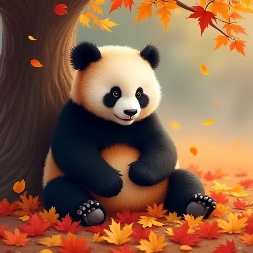 A panda sitting peacefully beneath a tree, the ground covered in a thick blanket of red and yellow autumn leaves, while a gentle breeze causes the leaves to swirl around its large paws.