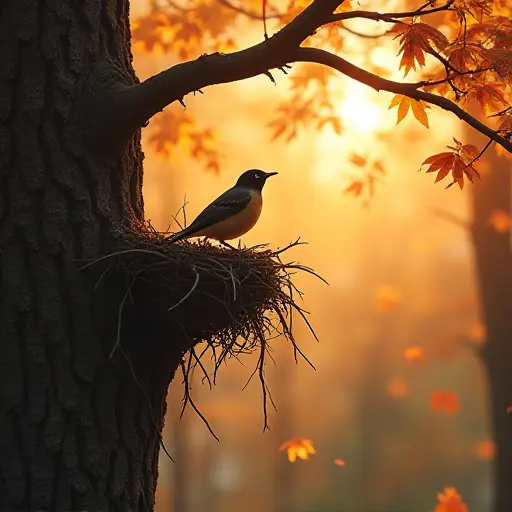 A bird perched on the edge of its nest, watching the swirling autumn leaves below, as the cool wind rustles the branches and the warm sun casts long shadows across the forest.