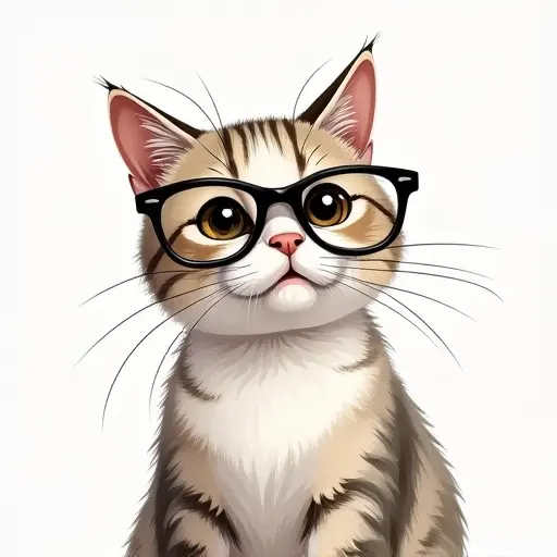 A curious cat with big glasses, sketched with detailed lines and shaded in soft, neutral tones.