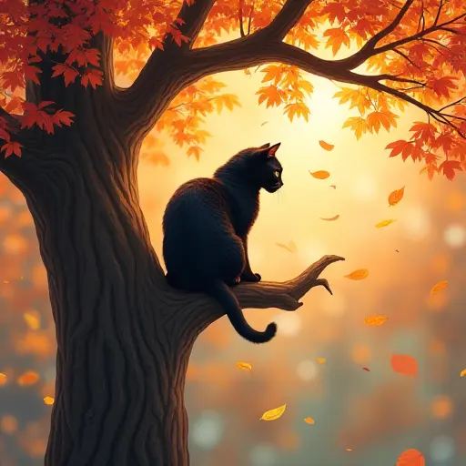 A cat sitting perched on a high tree branch, surrounded by the vibrant colors of autumn leaves, with a gentle breeze causing the leaves to flutter around, as the cat watches the world below.