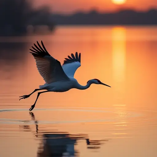 A crane flying low over a still lake at sunset, its wings casting rippling shadows on the water tinted with warm orange and pink hues.