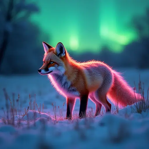 A fox with fur glowing in hues of green and purple, mirroring the aurora borealis above as it walks through a snowy meadow.