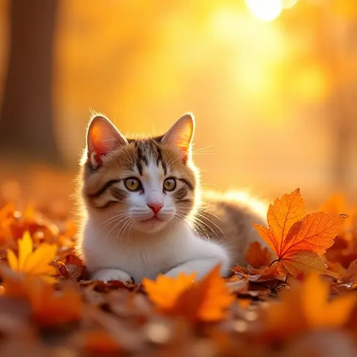 A cute cat surrounded by autumn leaves in vibrant orange and yellow tones, lying playfully in a pile of colorful foliage under a golden autumn sky.