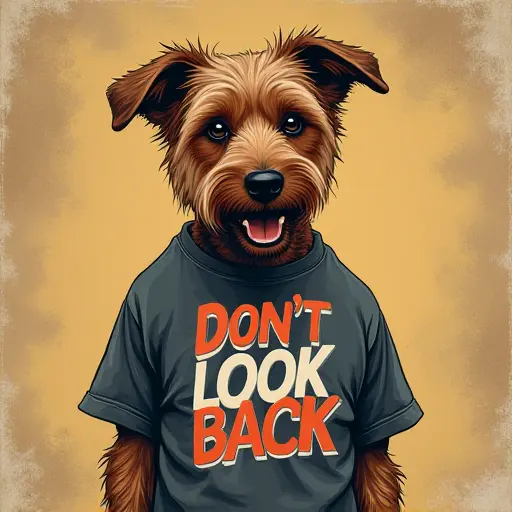 dog, T-shirt, slogan Don't Look Back, vintage style