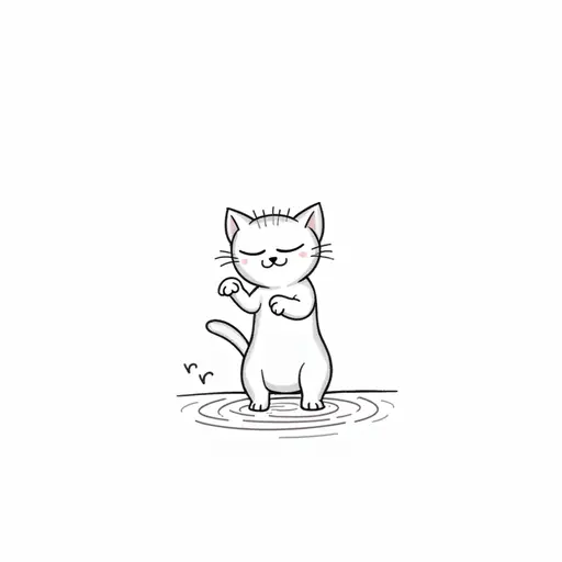 black and white simple line drawingclean hand-drawn outlines of A abyssinian cat playfully splashing water with its paws, showing a mischievous expression.