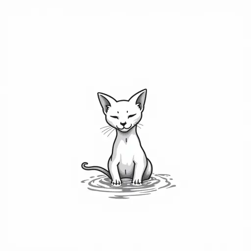 clean black and white hand-drawn outlines of A sphynx cat playfully splashing water with its paws, showing a mischievous expression.