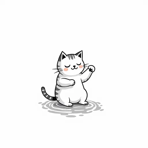 clean black and white hand-drawn outlines of A british shorthair playfully splashing water with its paws, showing a mischievous expression.