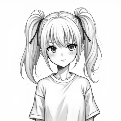 A girl with twin pigtails, sketched with playful, clean lines and soft pencil shading.